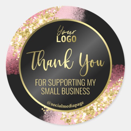 Fancy Pink Gold Glitter Black Thank You Logo Classic Round Sticker