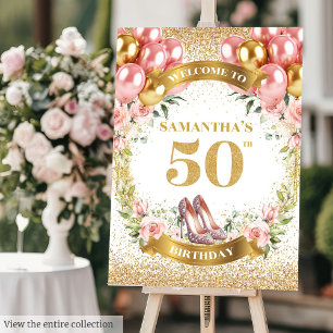 Fancy Pink Heels Blush Gold 50th Birthday Sign