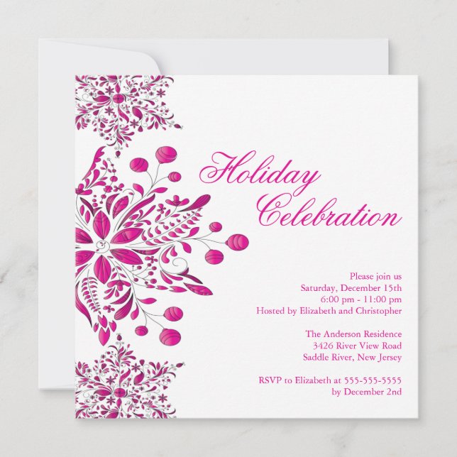 Fancy Pink Jewel Snowflakes Holiday Party Invitation (Front)