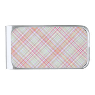 Fancy Pink 'n Green Geometric Plaid Silver Finish Money Clip