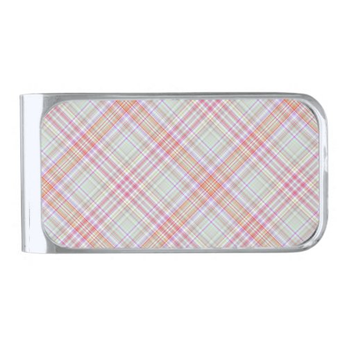 Fancy Pink n Green Geometric Plaid Silver Finish Money Clip