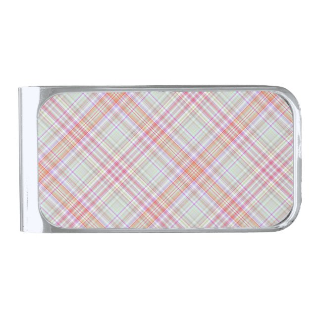 Fancy Pink 'n Green Geometric Plaid Silver Finish Money Clip (Front)