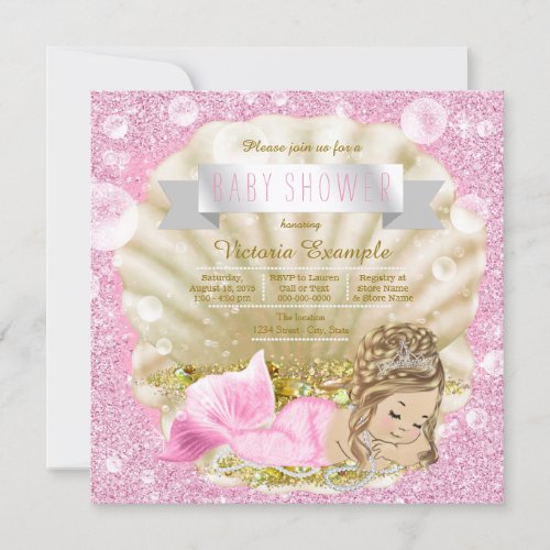 Fancy Pink Pearl Mermaid Baby Shower Invitation