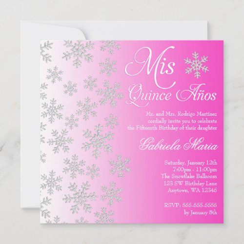 Fancy Pink Snowflake Winter Wonderland Quinceanera Invitation