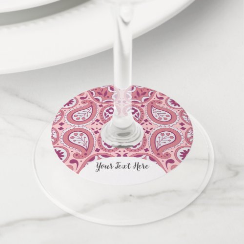 Fancy Pink White Paisley Pattern Tear Drops Wine Glass Tag