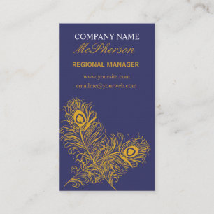 Fancy Plumes Peacock Feathers Elegant Gold Navy Business Card