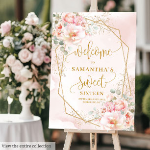 Fancy Powder Pink Gold Flowers Sweet 16 Welcome  Foam Board