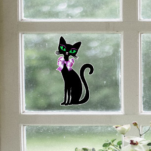 Fancy Pretty Black Cat Green Eyes Pink Bows Window Cling