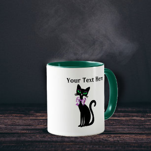 Fancy Pretty Black Cat Pink Bow Green Eyes Mug