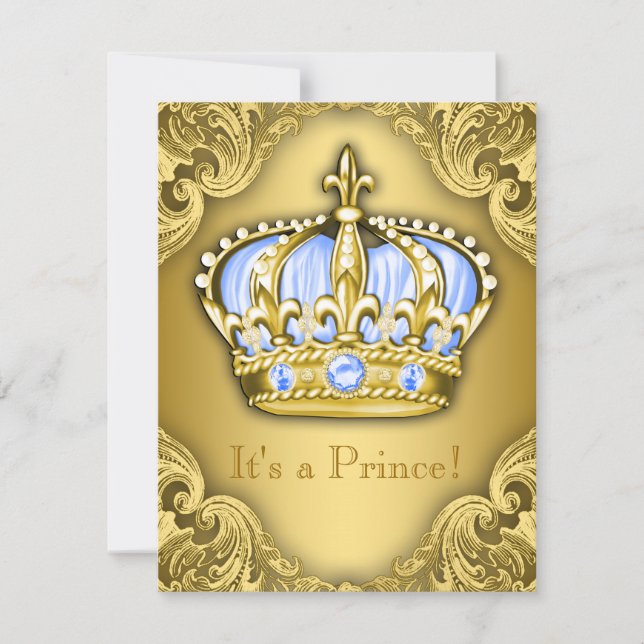 Fancy Prince Baby Shower Baby Blue Gold Invitation (Front)