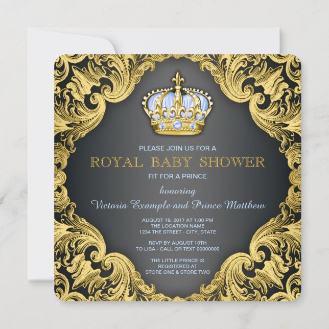 Fancy Prince Baby Shower Baby Blue Invitation (Back)