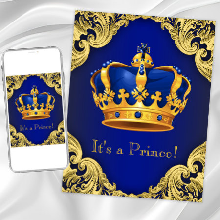 Fancy Prince Baby Shower Blue And Gold Invitation