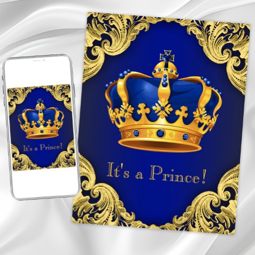 Fancy Prince Baby Shower Blue and Gold Invitation