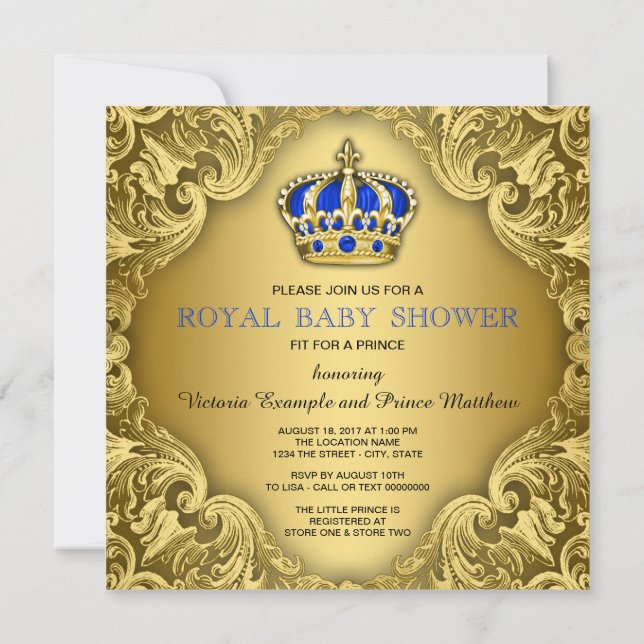 Fancy Prince Baby Shower Blue and Gold Invitation (Back)