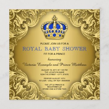 Fancy Prince Baby Shower Blue And Gold Invitation by BabyCentral at Zazzle