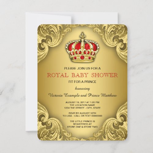 Fancy Prince Baby Shower Red and Gold Invitation