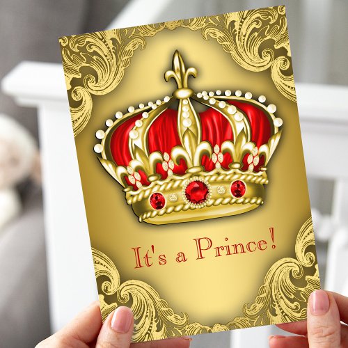 Fancy Prince Baby Shower Red and Gold Invitation