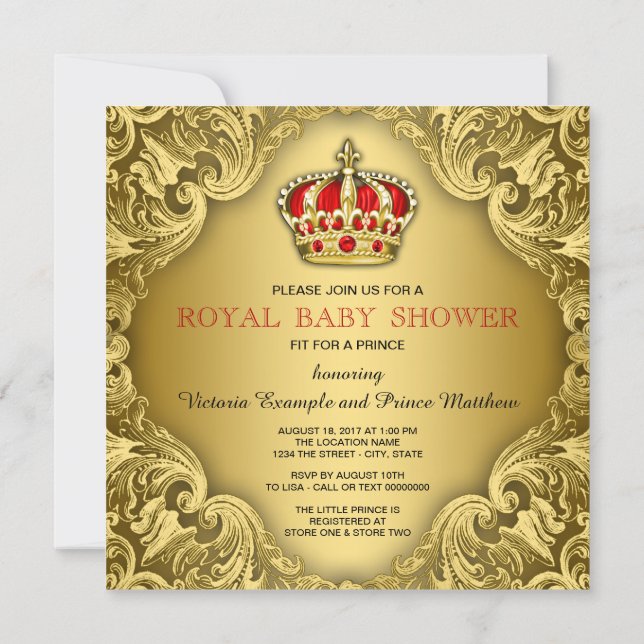 Fancy Prince Baby Shower Red and Gold Invitation (Back)