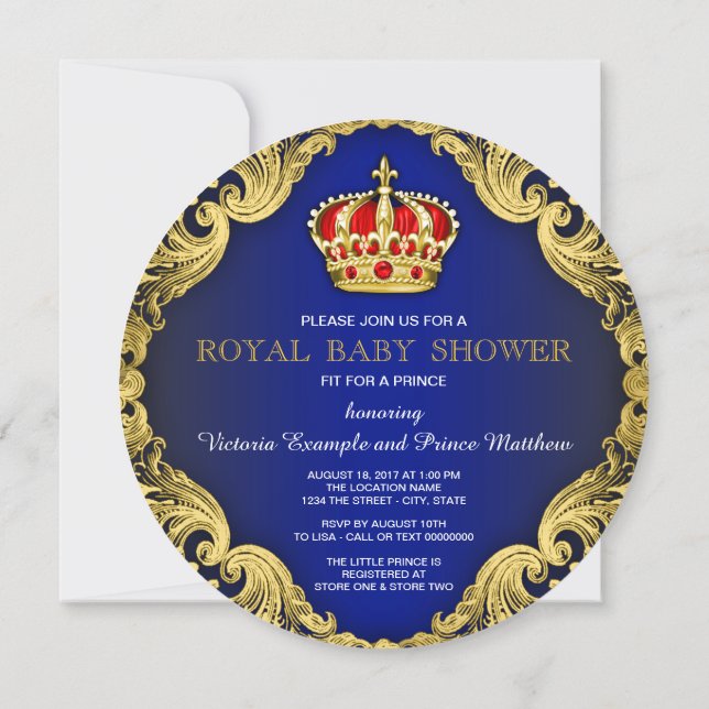 Fancy Prince Baby Shower Royal Blue Invitation (Back)