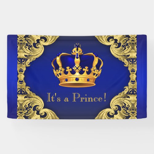 Fancy Prince Royal Blue Gold Crown Baby Shower Banner