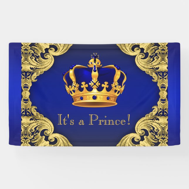 Fancy Prince Royal Blue Gold Crown Baby Shower Banner (Horizontal)