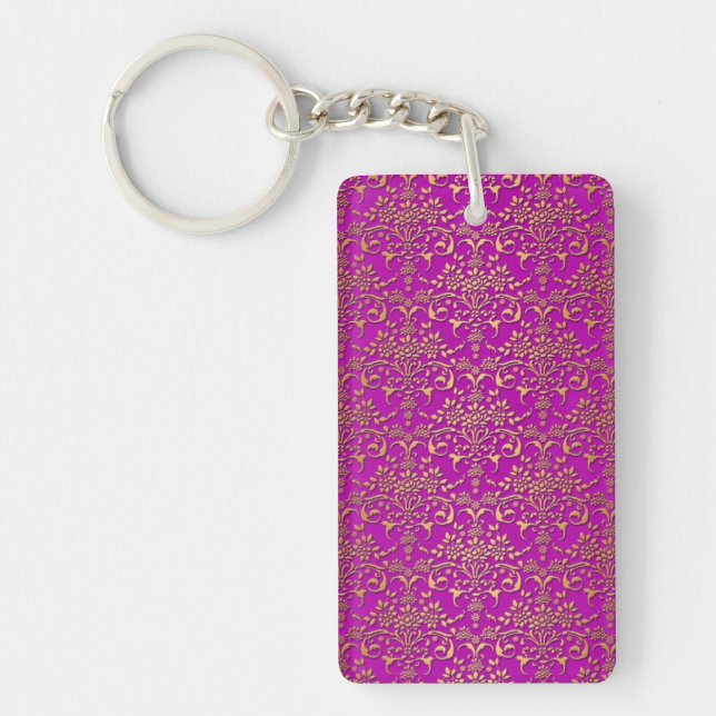 Fancy Purple and Gold Damask Pattern Keychain (Front)