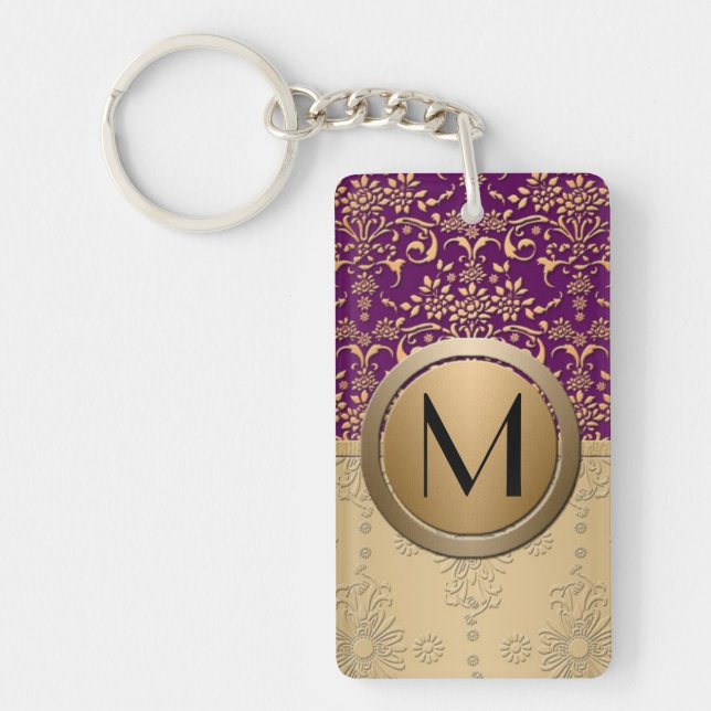 Fancy Purple and Gold Monogram Damask Pattern Keychain (Front)