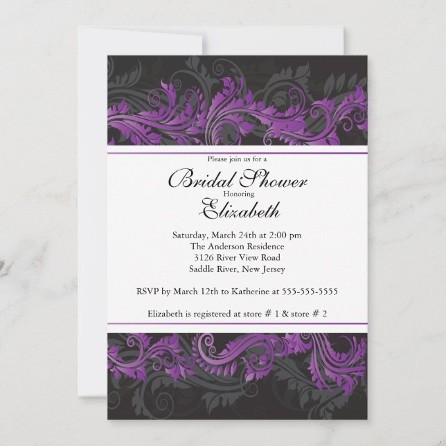 Fancy Purple Black Damask Bridal Shower Invitation (Front)