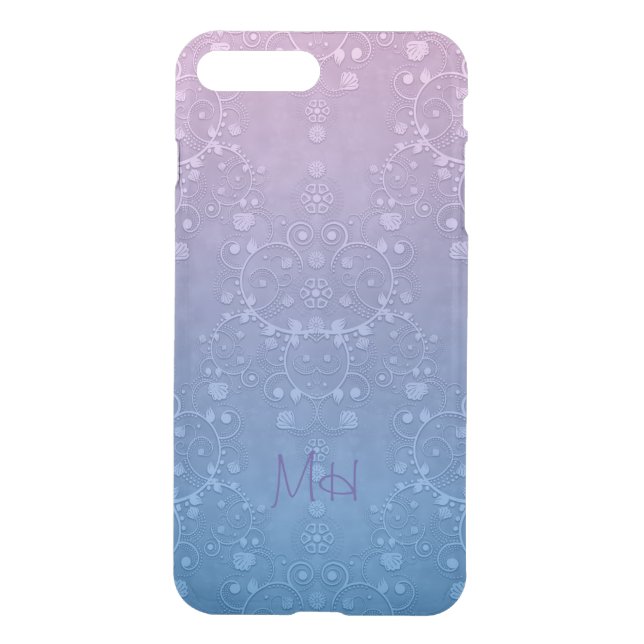 Fancy Purple Blue Floral Damask Monogram Uncommon iPhone Case (Back)