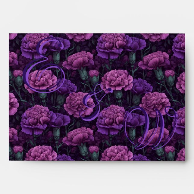 Fancy Purple Carnation Accent Rustic Wedding Envelope (Front)