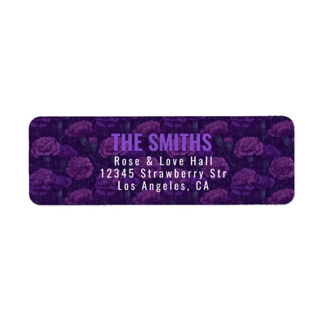 Fancy Purple Carnation Accent Rustic Wedding Label (Front)