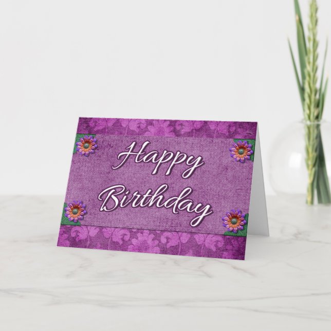 Fancy Purple Damask Happy Birthday Card Flowers (Front)