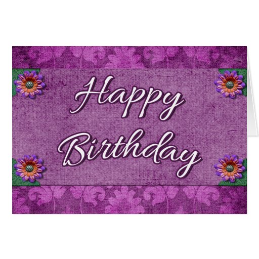 Fancy Purple Damask Happy Birthday Card Flowers | Zazzle