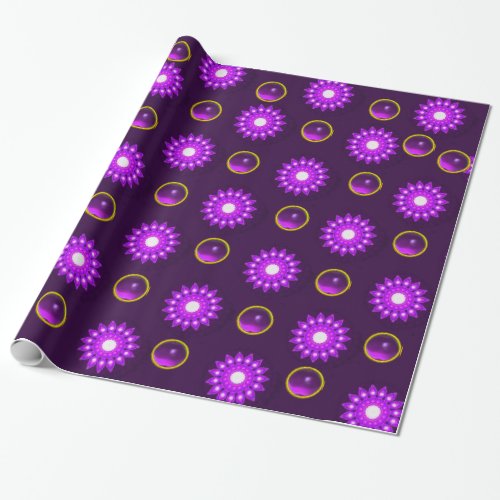 FANCY PURPLE  FLOWERS WITH GEMSTONES WRAPPING PAPER