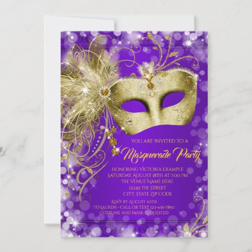 Fancy Purple Gold Glitter Masquerade Party Invitation