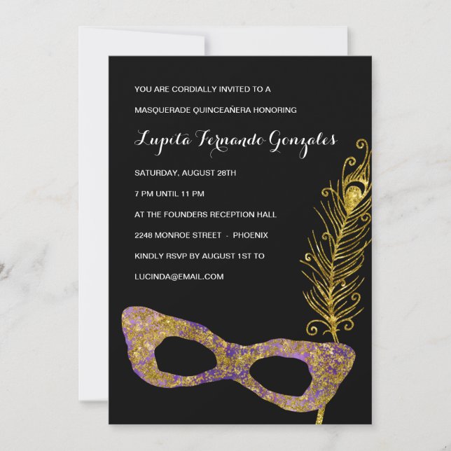 Fancy Purple Masquerade Quinceanera Party Invitation (Front)