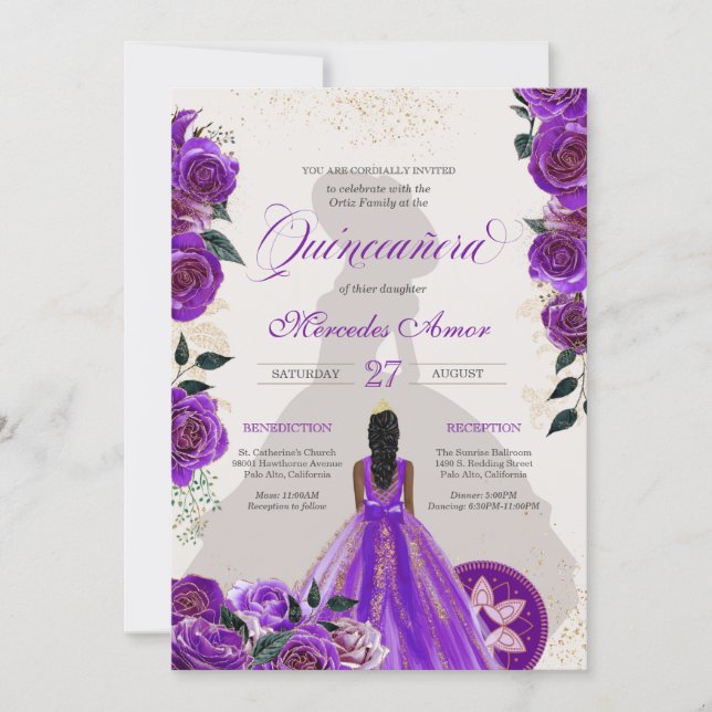 Fancy Purple Roses Western Charro Quinceanera  Invitation (Front)