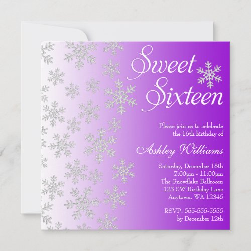 Fancy Purple Snowflakes Winter Wonderland Sweet 16 Custom Announcements