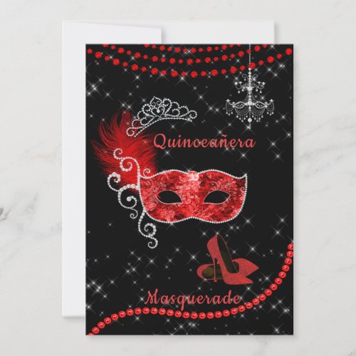 Fancy Quinceanera Red and Silver Masquerade Invitation