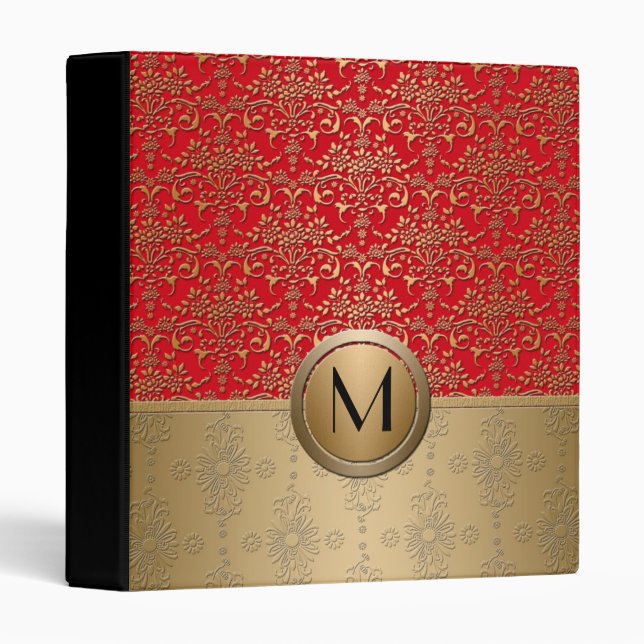 Fancy Red and Gold Monogram Damask Pattern 3 Ring Binder (Front/Spine)