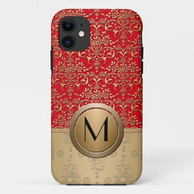 Fancy Red and Gold Monogram Damask Pattern Case-Mate iPhone Case (Back)