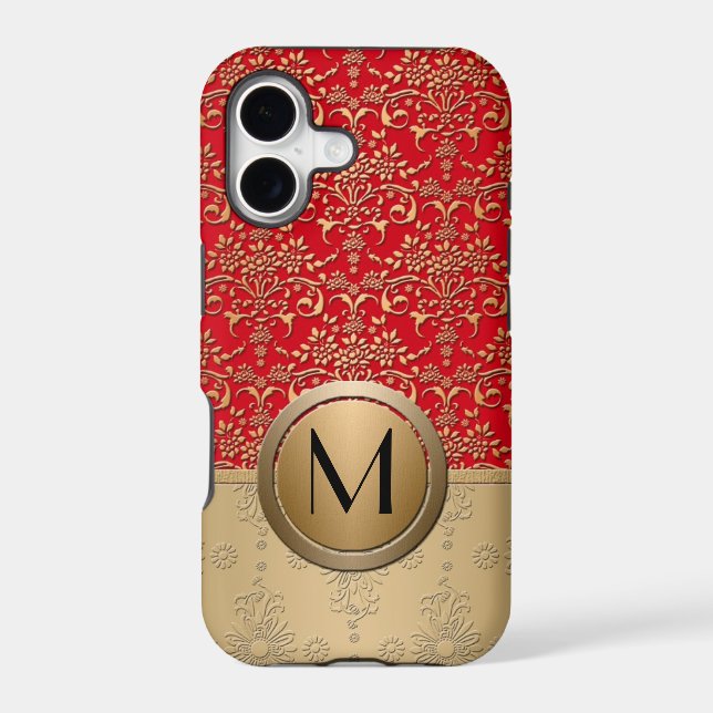 Fancy Red and Gold Monogram Damask Pattern Iphone Case (Back)