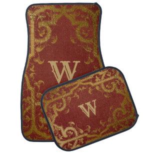Fancy Red and Gold Monogrammed Car Mat Set