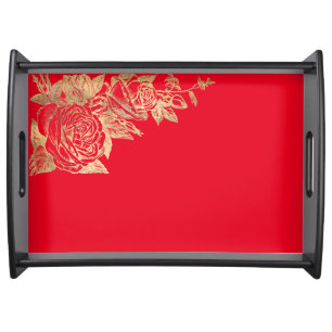 Fancy Red and Gold Roses Floral Serving Tray