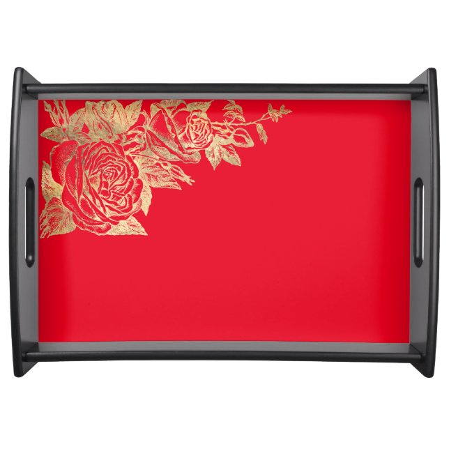Fancy Red and Gold Roses Floral Serving Tray (Front)