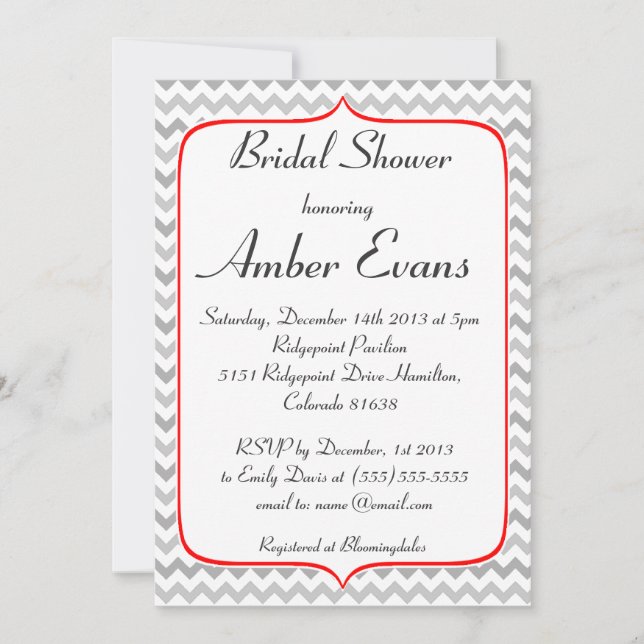 Fancy Red and Gray Chevron Bridal Shower Invitation (Front)
