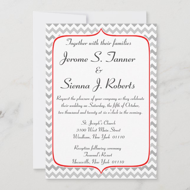 Fancy Red and Gray Chevron Wedding Invitation (Front)