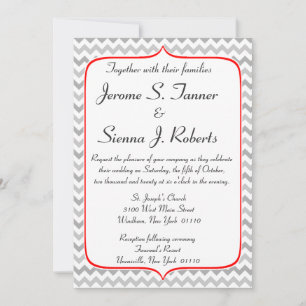 Fancy Red and Gray Chevron Wedding Invitation