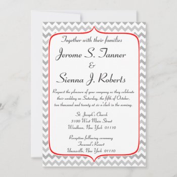 Fancy Red And Gray Chevron Wedding Invitation by Mintleafstudio at Zazzle