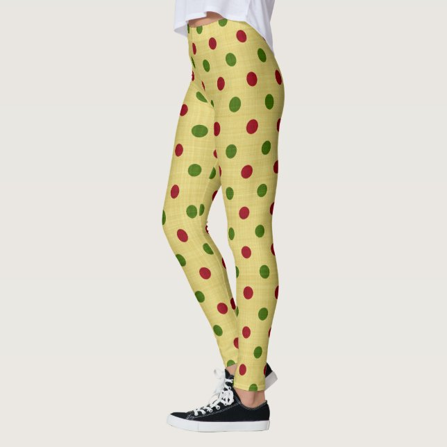 Fancy Red and Green Christmas Retro Polka Dot Leggings (Left)